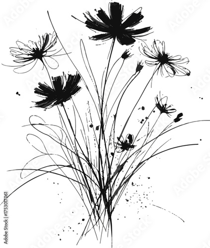  A monochrome ink illustration of delicate flowers with sweeping stems and splattered accents. Perfect as a botanical accent, designer background, or artful element in wellness