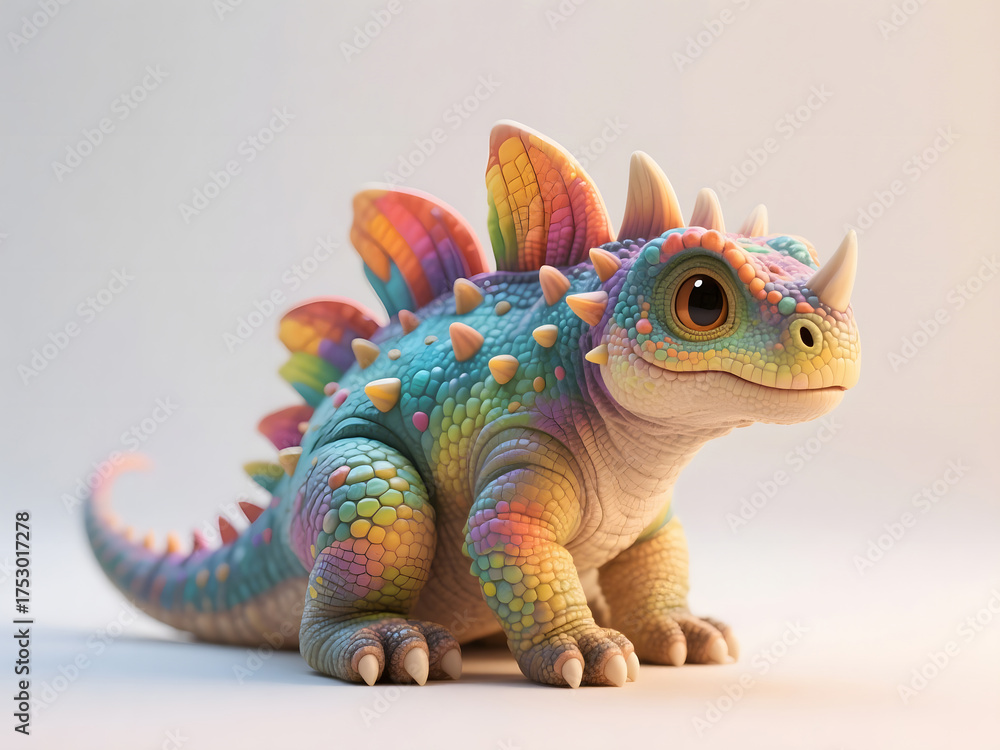 Obraz premium Sweet baby dragon with pastel rainbow scales and glossy texture, sitting on light background with detailed artistic rendering