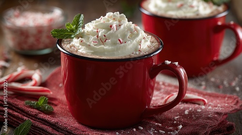 Christmas hot chocolate in red mug, whipped cream with peppermint, candy canes and mint leaves, on red cloth, copy space