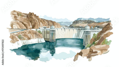 Hoover Dam. Hoover Dam hand drawn watercolor illustration