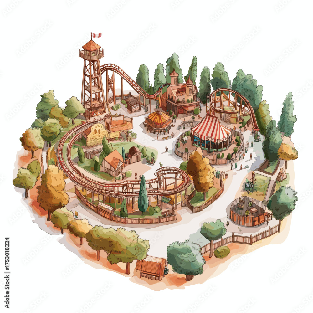 Fototapeta premium Knott?s Berry Farm. Knott?s Berry Farm hand drawn watercolor illustration