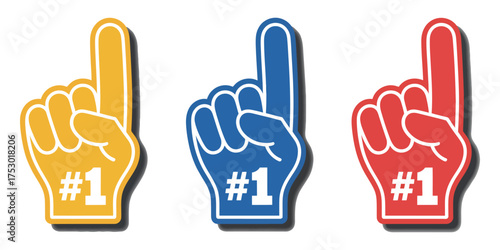 Three foam fingers, colored yellow, blue, and red, each displaying the number one with a white outline, symbolizing success and victory on a white background