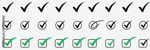 Collection of checkmark icons, including solid black, circled, and green framed check symbols, symbolizing completion and agreement