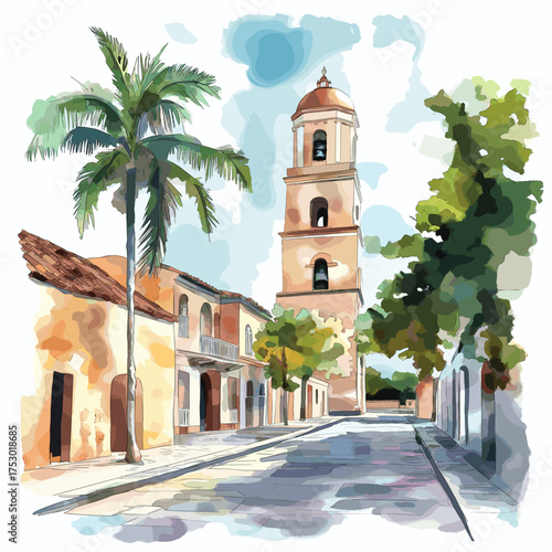 Santo Domingo Colonial Zone. Santo Domingo Colonial Zone hand drawn watercolor illustration