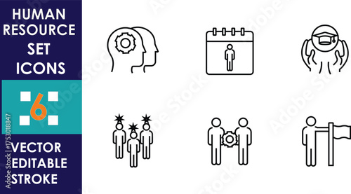 Human resource vector icon set showing skills, calendar scheduling, global teamwork, employee conflict, cooperation, and recruitment process with editable stroke for corporate design use