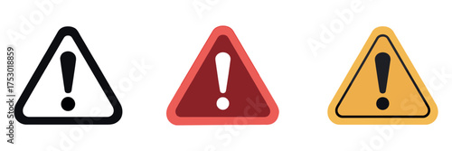 Various alert symbols in different colors against white background with design styles for diverse uses