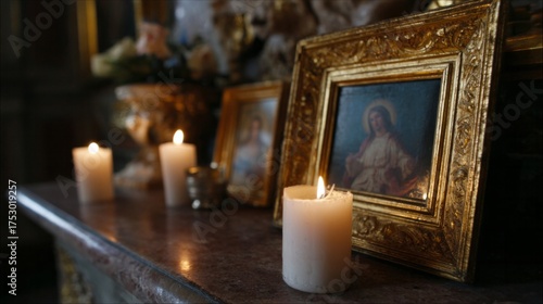 Golden-framed icons with flickering candles invoke ethereal serenity, perfect for All Saints Day or Dia de los Muertos