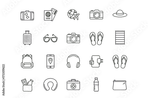 Travel and vacation line icon set. Summer holiday trip essentials collection. Linear icons pack for tourism and journey. Includes suitcase, passport, camera, and beach items.