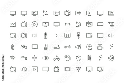 Media and entertainment thin line icon set. Television, video player, movie, and remote control symbols. TV, gaming, streaming, and audio pictogram collection for UI UX design.