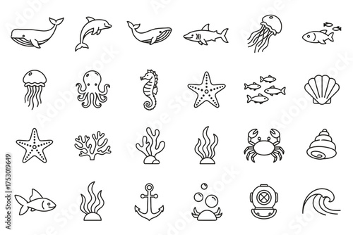 Sea life icon collection. Marine animals and ocean underwater object set. Thin line vector symbols. Whale, dolphin, shark, octopus, crab, coral, anchor, seashell icons.