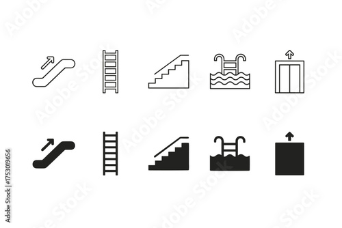 Stairs and Ladders icon set. Elevator, escalator, and swimming pool access signs. Line and solid pictogram collection. Vector symbols for moving up, steps, and public access.