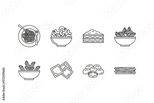 Pasta variety icon set. Italian food line art collection. Vector graphics of spaghetti, lasagna, penne, ravioli, macaroni. Restaurant menu elements. Traditional cuisine symbols.