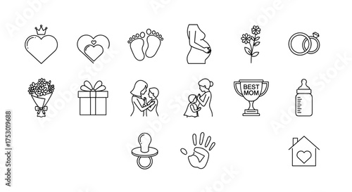 Mother's Day line icon set. Love, family, and motherhood concept. Vector outline symbols for mom, baby, pregnancy, and celebration. Gift, flower, heart, and newborn icons.