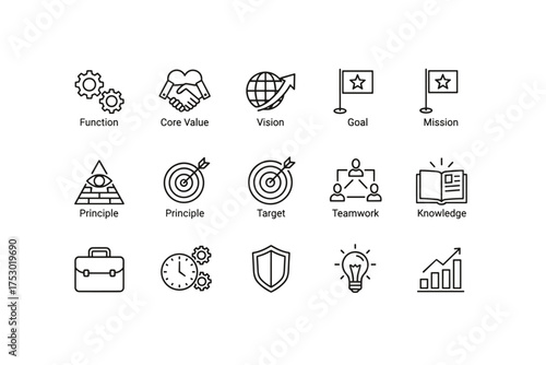 Business strategy and development icon set. Function, core value, vision, goal, mission, principle, target, teamwork, knowledge, time management, security, idea, growth. Vector line art.