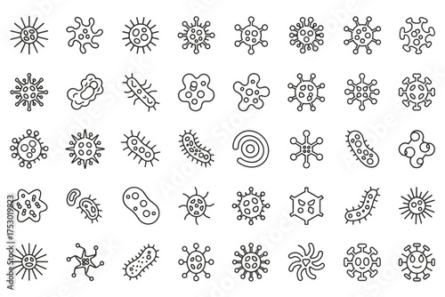 Virus and bacteria line icon set. Collection of pathogen, microbe, and germ symbols. Coronavirus, influenza, amoeba cell illustrations. Microbiology, medicine, and science concept.