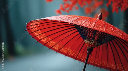 Vibrant Red Japanese Umbrella in Autumn Rain with Maple Leaves Backdrop