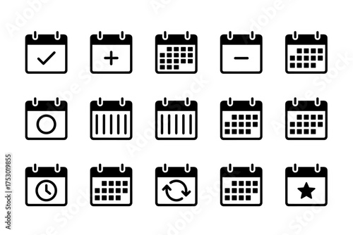 Calendar icon set. Schedule, planner, and organizer symbols. Date, time, event, and appointment vector collection. Add, remove, check, and favorite marks for UI design.