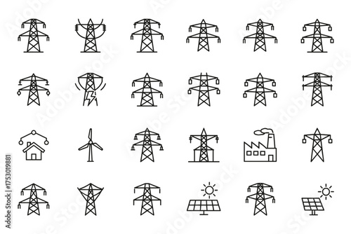 Power line and electricity icon set. High voltage energy transmission towers, renewable sources like solar panels and wind turbines. Electrical grid and industry vector icons.