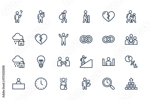 Universal outline icon set for life & business. Concepts of struggle, poverty, crisis, failure, heartbreak. Metaphors for success, teamwork, idea, solution, growth, opportunity.