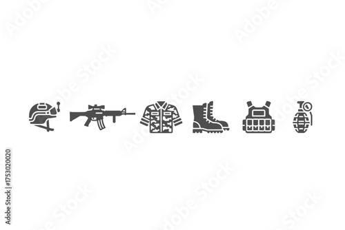 Military icon set. Soldier gear and army equipment collection. Combat uniform, weapon, helmet, body armor, boots, and grenade. Special forces vector glyph concept for war.