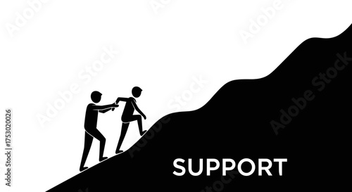 Support and teamwork concept. One person helps another to climb up a hill. Business partnership, leadership, and mentorship for career growth. Overcoming obstacles for success.