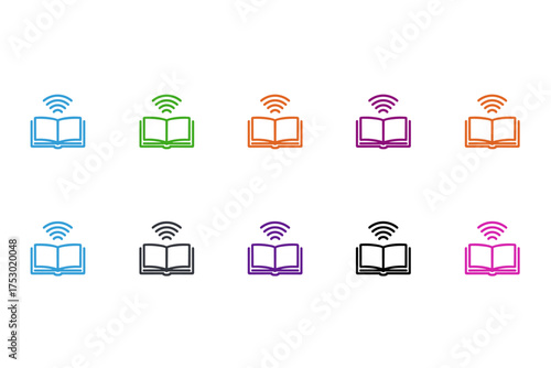 E-book icon set. Audiobook logo concept. Digital library and online education symbol. Wireless e-learning technology graphic. Audio book streaming signal. Vector collection.