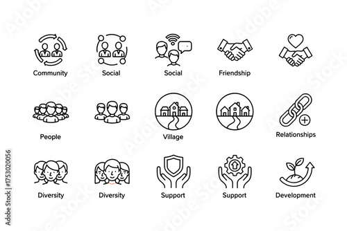 Community and social life line icon set. People, friendship, diversity, and support concepts. Icons for teamwork, relationships, village connection, society, and development.