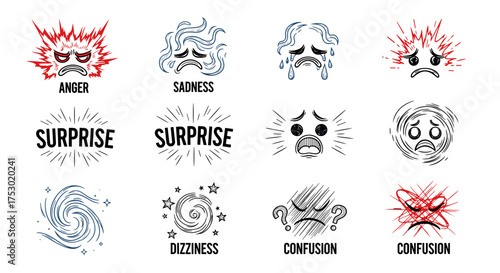 Set of hand drawn doodle emoticons showing negative emotions. Anger, sadness, surprise, dizziness, confusion. Psychology and mental health concept vector illustration icons.