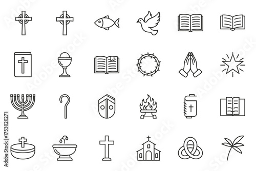 Christianity religion icon set. Christian and Jewish religious symbols collection. Bible, cross, dove, prayer, church, menorah, fish. Spiritual line art vector illustration.
