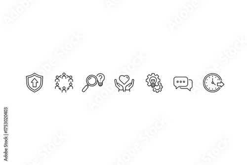 Business core values icon set. Line icons for website and presentation. Teamwork, innovation, strategy, support, communication, security, and research concepts. Editable stroke.