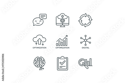 Digital technology and network optimization icons set. AI brain, cloud computing, data analysis, workflow arrows, speech chat, digital connection, and business analytics vector line art.