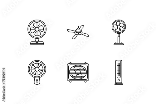 Fan icon set vector collection. Electric air cooling ventilators for home. Includes table fan, ceiling fan, pedestal fan, box fan, tower fan. Household appliance line art symbols.