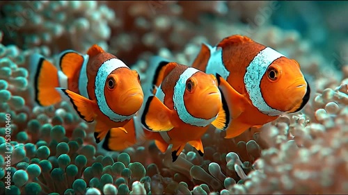 Trio of orange clownfish swim amongst coral with turquoise tips