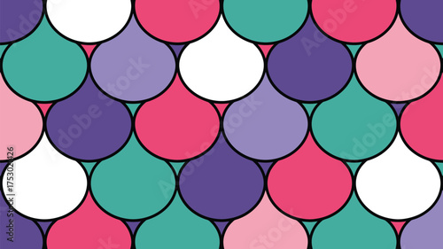 A colorful pattern of overlapping teardrop shapes in various shades of pink purple green and white color