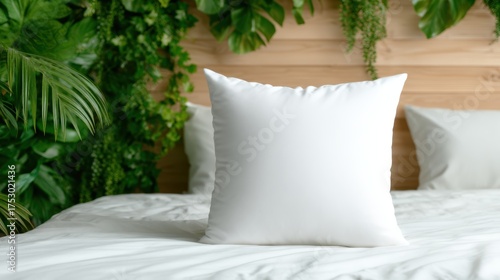 A pristine white pillow rests on a well-made bed adorned with lush greenery, evoking tranquility and a sense of comfort in a relaxing and natural environment.