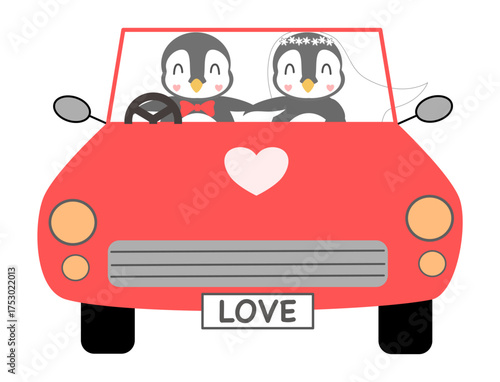 Penguin bride and groom in a red car, created by hand drawn