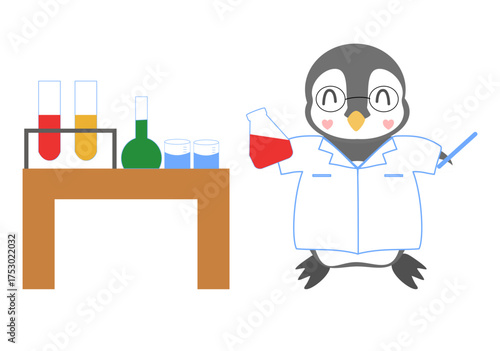 Cute Cartoon Scientist Penguin in Lab Coat with Chemistry Equipment, created by hand drawn