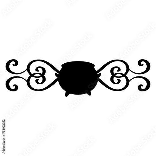 Logo con silueta de caldero de bruja con filigrana caligráfica. Silueta con florituras para tarjetas y felicitaciones de Halloween