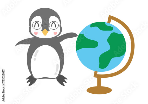 Cute Cartoon Penguin Leaning on a Globe, Social Studies, created by hand drawn