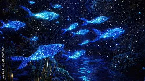 A deep-sea scene with bioluminescent fish and mysterious shadows
