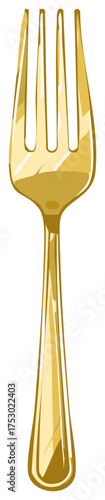 Gold fork illustration, dining utensil with three tines, shiny tableware design