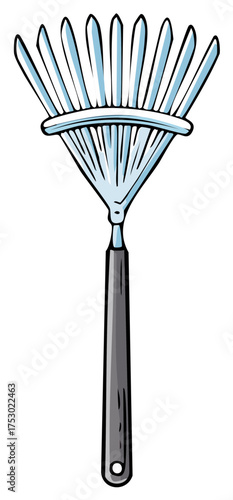Stylized cartoon illustration of a leaf rake with a dark handle and blue tines