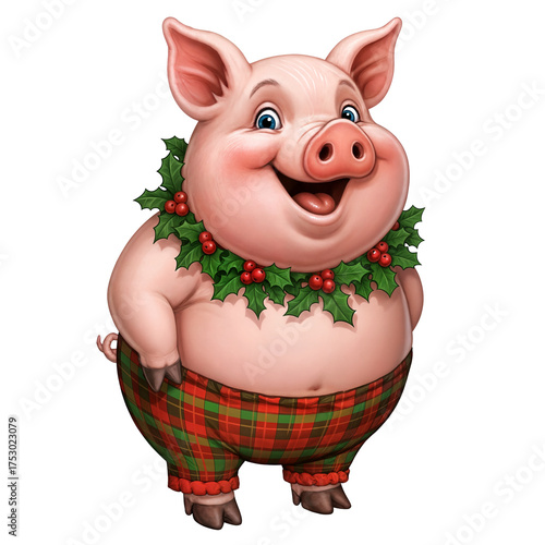 Cheery Christmas Pig in Plaid Pants, Holly Garland, and Festive Cheer