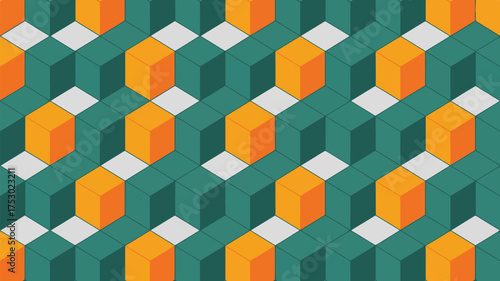 Geometric pattern featuring a repeating arrangement of cubes in teal orange and white colors
