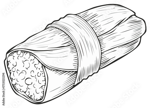 Stylized illustration of a tamale wrapped in husk and tied with a string