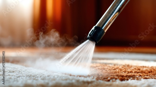A close-up of a steam cleaner nozzle releases vapor while freshening a carpet, emphasizing cleanliness and care in home maintenance, ideal for a spotless living environment.