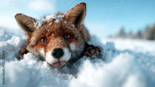 A beautiful fox peeks curiously through a blanket of snow, showcasing its natural habitat in winter, perfect for wildlife enthusiasts and lovers of nature's captivating moments.