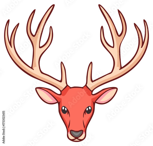 Stylized cartoon deer head with large branching antlers in a coral color