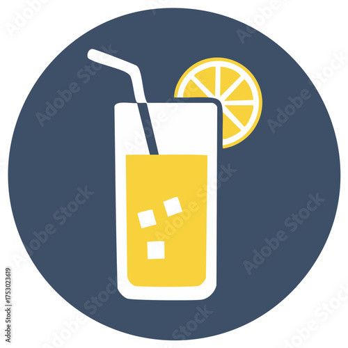 Simple flat vector icon of a refreshing glass of lemonade with ice and a lemon slice