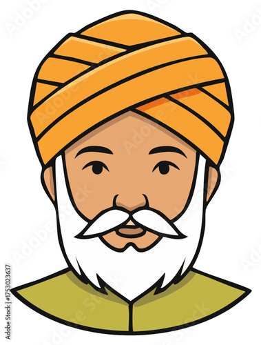 Cartoon illustration of an elder man wearing a traditional orange turban and white beard